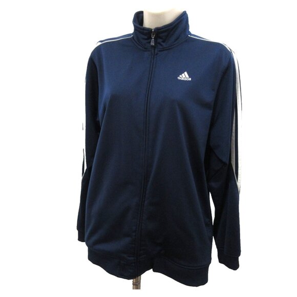 Adidas Womens Jacket Sz XL Navy w/White Arm 3-Stripe Full Zip Reflective Pockets - Picture 1 of 9